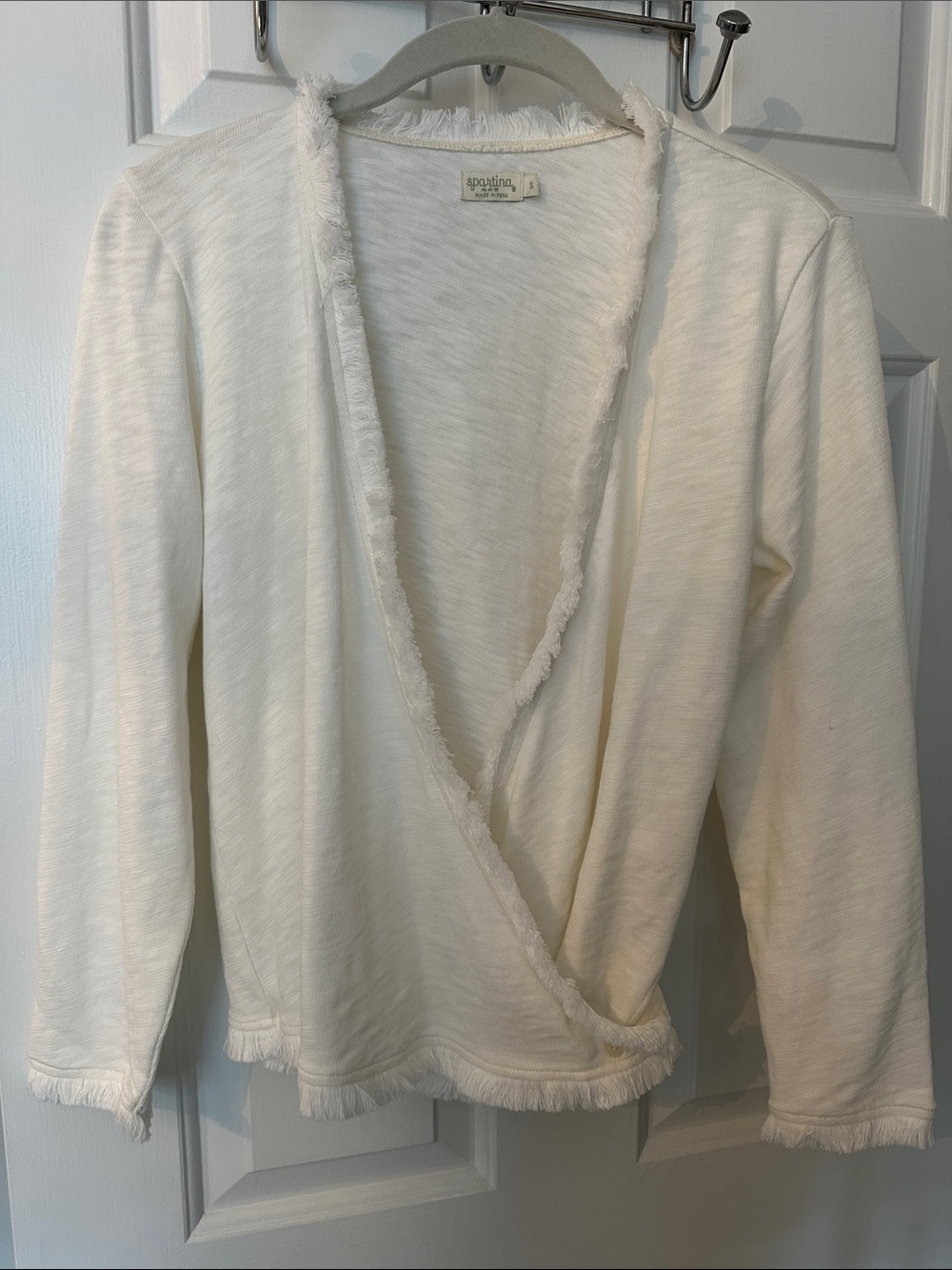 Spartina 449 Cream Fringe-Trim Open Front Cardigan